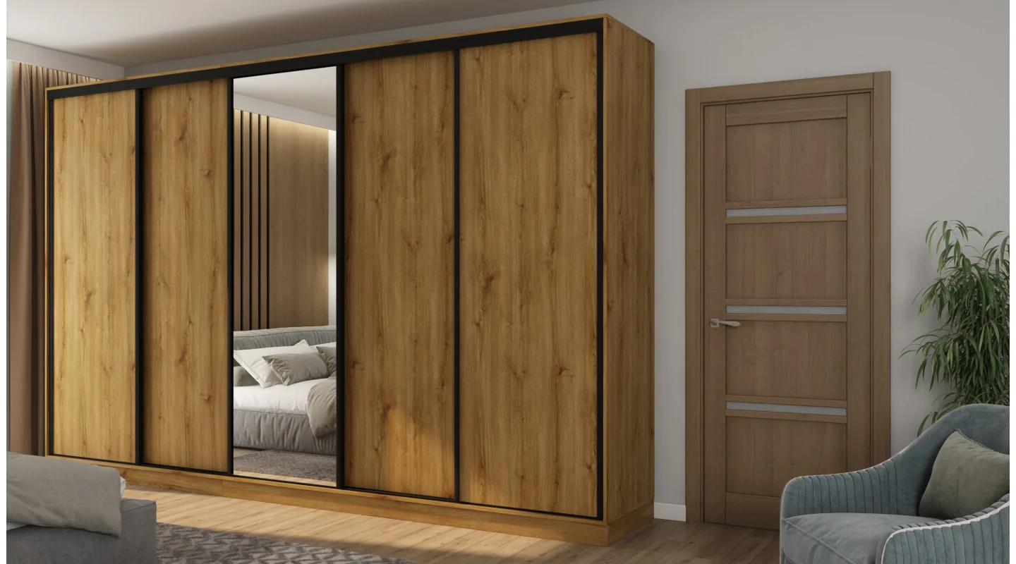 Szafa przesuwna 380x244 cm dąb carpenter whisky z lustrem - Navero | eMeblast