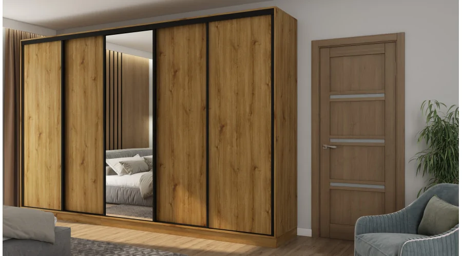 Szafa przesuwna 380x244 cm dąb carpenter whisky z lustrem - Navero | eMeblast