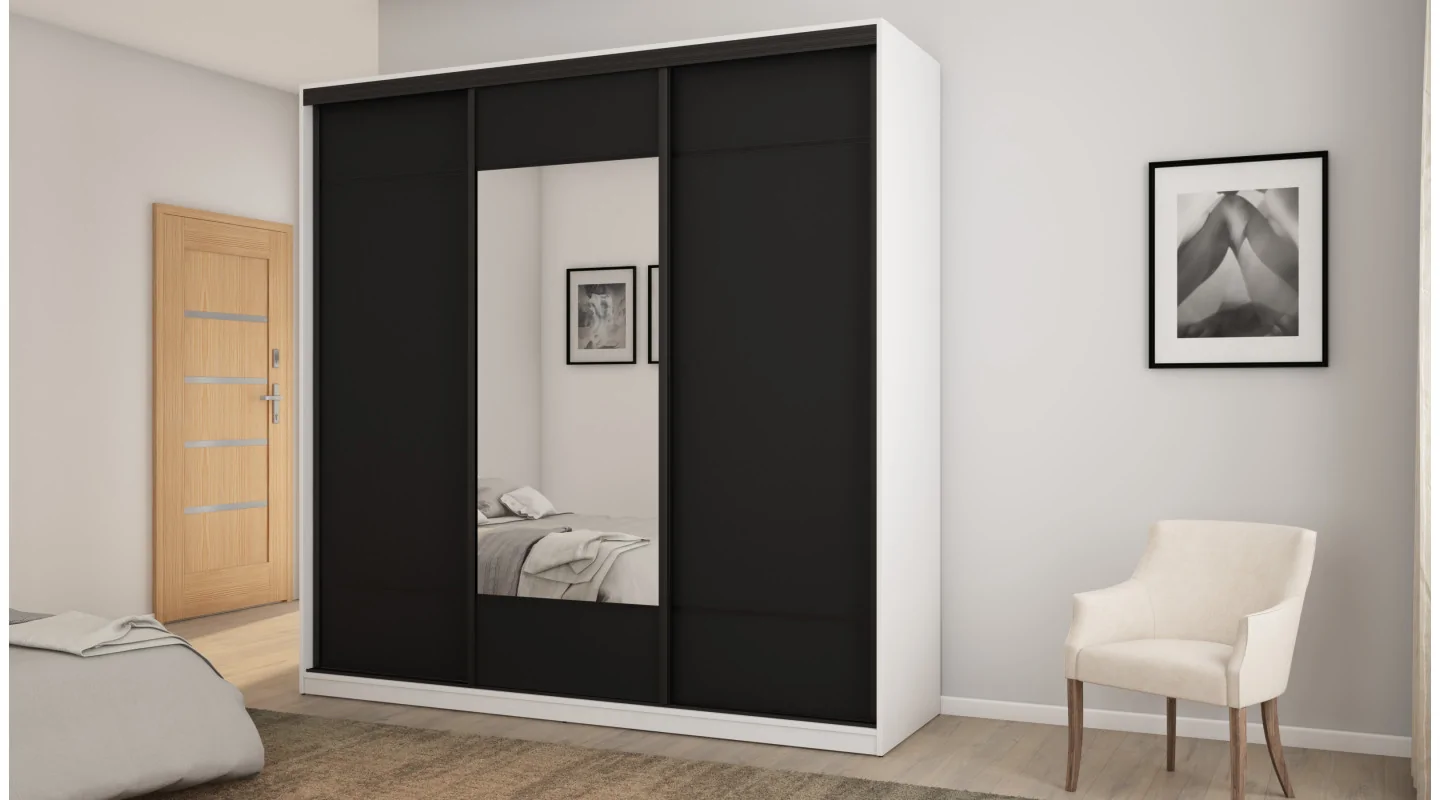 Szafa przesuwna 220x220 cm biel / czarna z lustrem, koszami i szufladami – Norvello | eMeblast