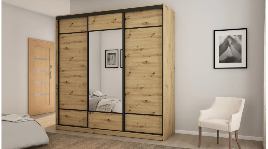 Szafa przesuwna 220x220 cm dąb artisan z lustrem, koszami i szufladami – Norvello | eMeblast Szafa przesuwna 220x220 cm dąb artisan z lustrem, koszami i szufladami – Norvello | eMeblast