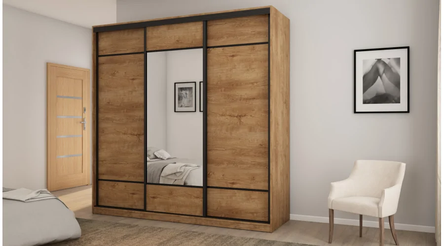 Szafa przesuwna 220x220 cm dąb Lefkas z lustrem, koszami i szufladami – Norvello | eMeblast