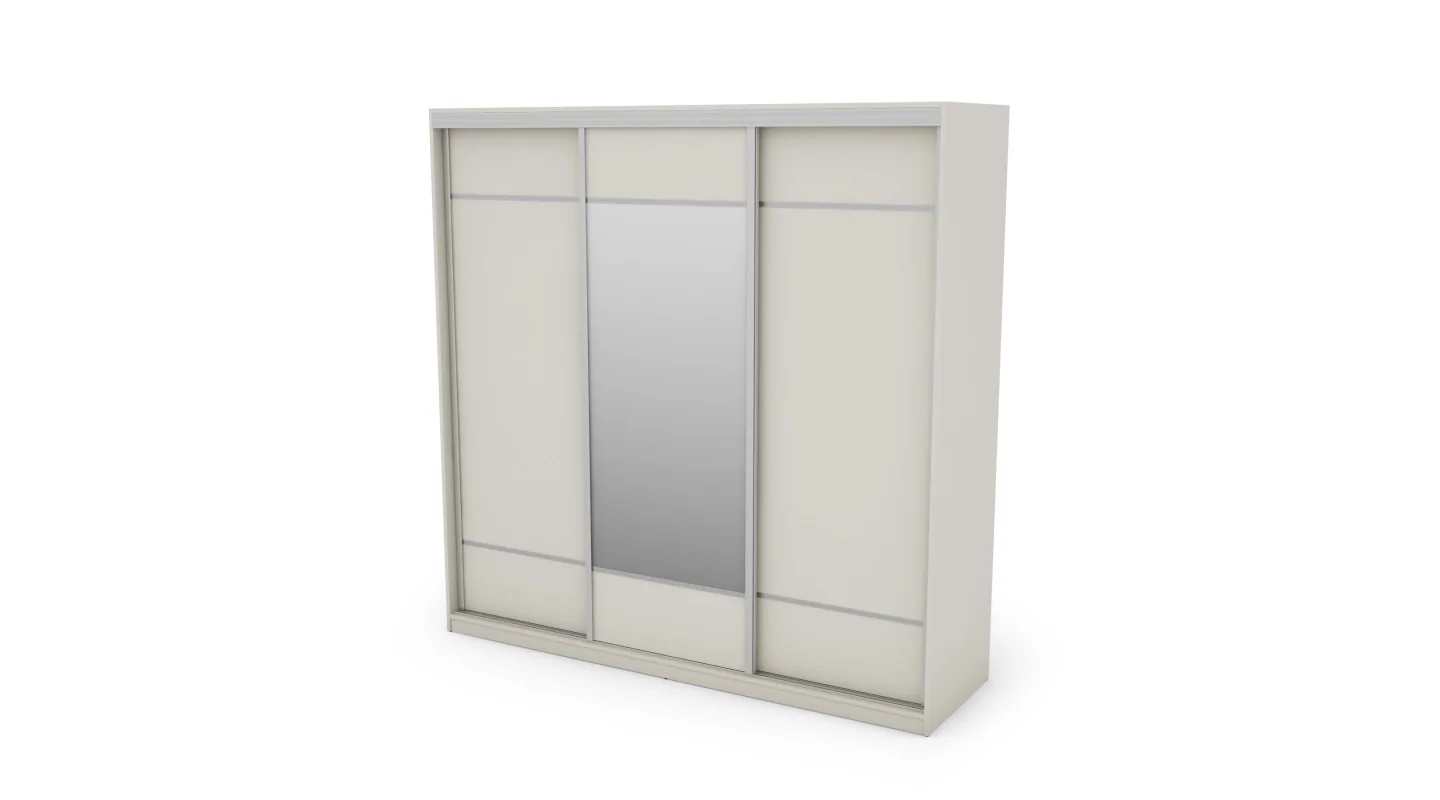 Szafa przesuwna 220x220 cm kość słoniowa z lustrem, koszami i szufladami – Norvello | eMeblast Szafa przesuwna 220x220 cm kość słoniowa z lustrem, koszami i szufladami – Norvello | eMeblast