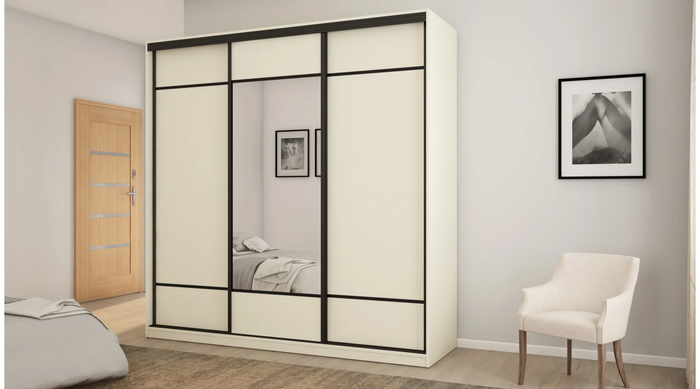 Szafa przesuwna 220x220 cm kość słoniowa z lustrem, koszami i szufladami – Norvello | eMeblast Szafa przesuwna 220x220 cm kość słoniowa z lustrem, koszami i szufladami – Norvello | eMeblast