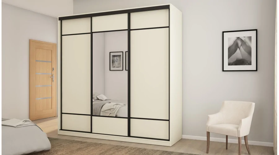 Szafa przesuwna 220x220 cm kość słoniowa z lustrem, koszami i szufladami – Norvello | eMeblast Szafa przesuwna 220x220 cm kość słoniowa z lustrem, koszami i szufladami – Norvello | eMeblast