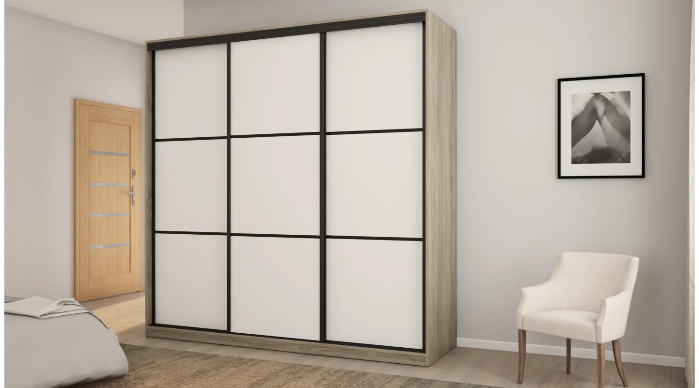 Szafa przesuwna 220x220 cm biel / dąb sonoma jasna z koszami – Norvello | eMeblast