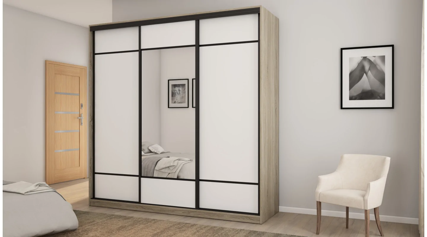 Szafa przesuwna 220x220 cm biel / dąb sonoma jasna z lustrem – Norvello | eMeblast