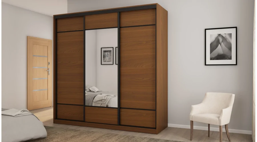 Szafa przesuwna 220x220 cm wiśnia Porto z lustrem, koszami i szufladami – Norvello | eMeblast