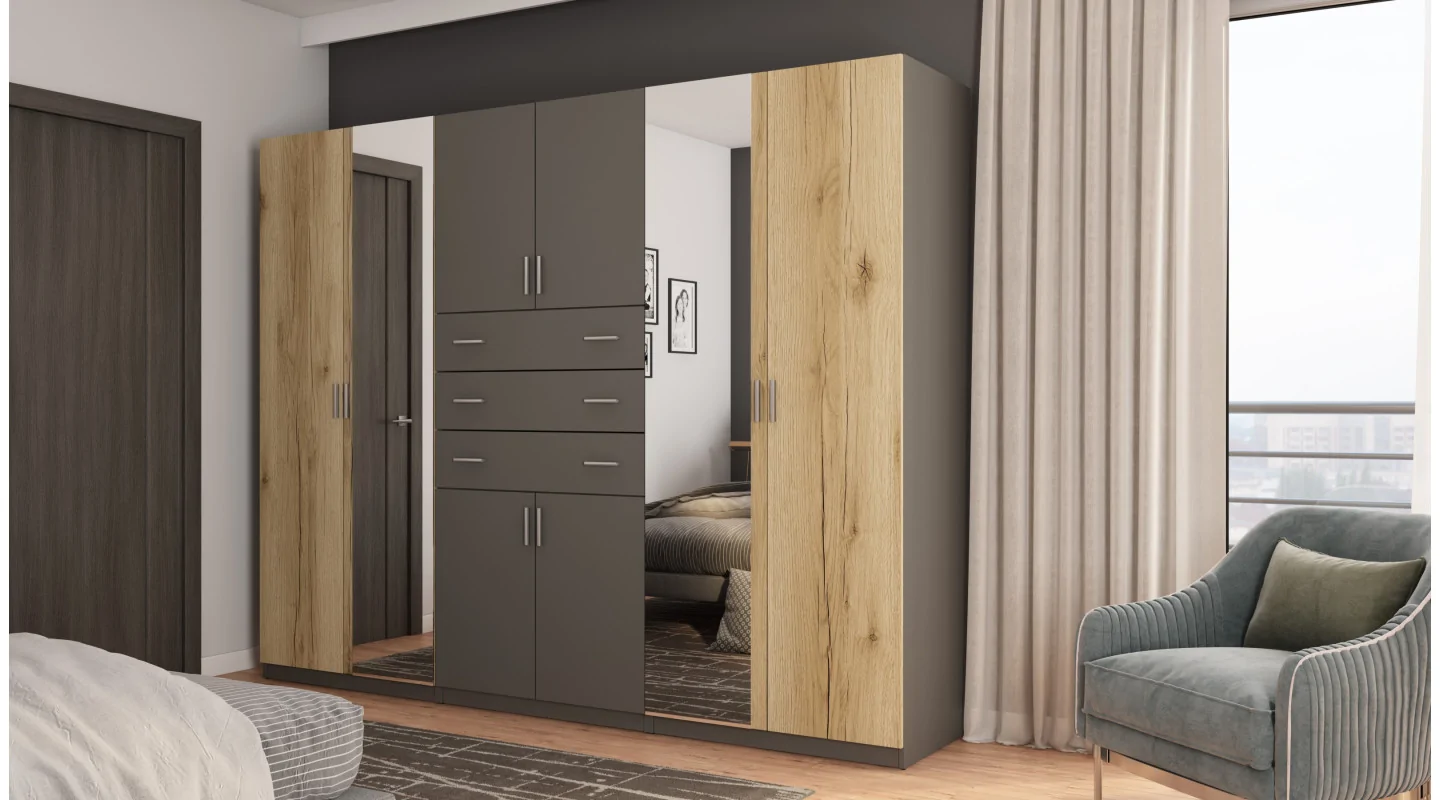Szafa 225x210 cm grafit dąb grand naturalny lustro – Norel | eMeblast