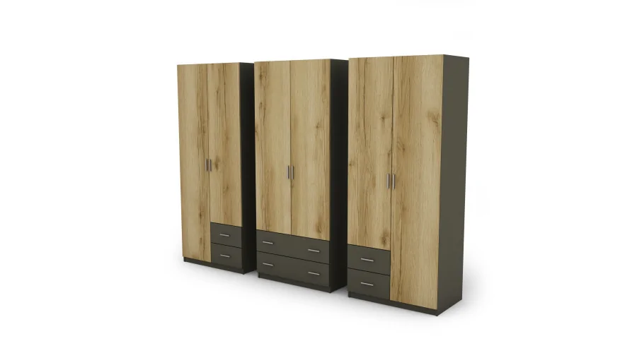 Szafa 240x220 cm grafit dąb grand naturalny lustro – Torven | eMeblast Szafa 240x220 cm grafit dąb grand naturalny lustro – Torven | eMeblast