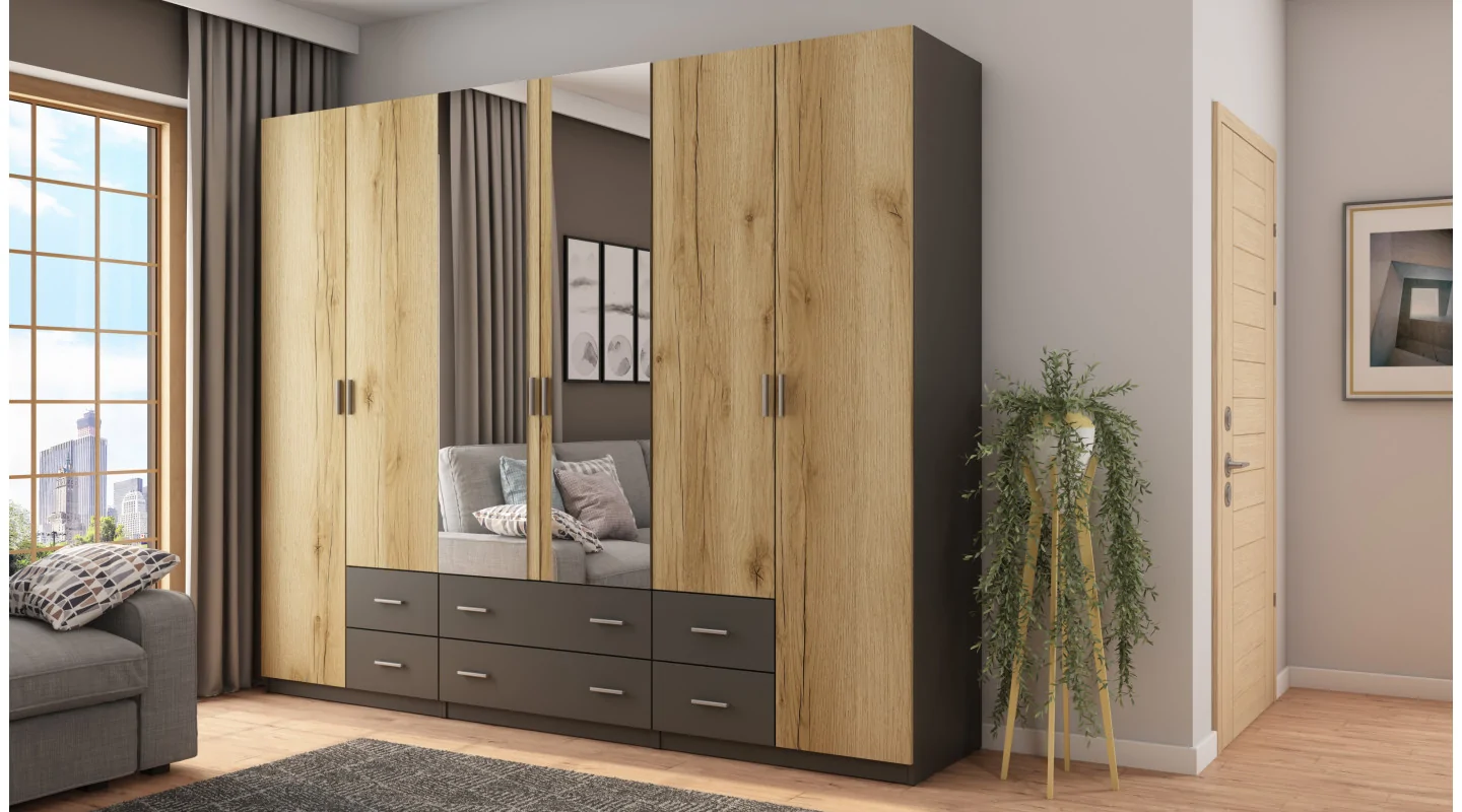 Szafa 240x220 cm grafit dąb grand naturalny lustro – Torven | eMeblast Szafa 240x220 cm grafit dąb grand naturalny lustro – Torven | eMeblast