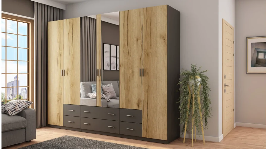 Szafa 240x220 cm grafit dąb grand naturalny lustro – Torven | eMeblast Szafa 240x220 cm grafit dąb grand naturalny lustro – Torven | eMeblast