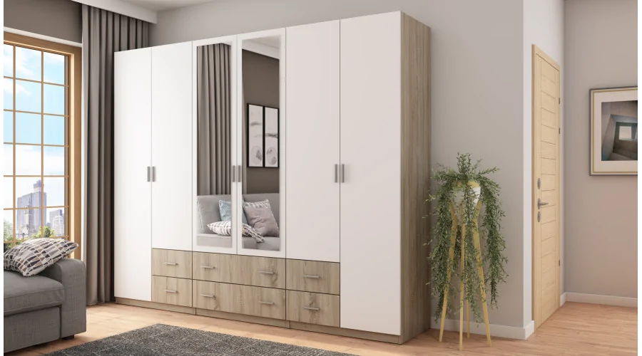Szafa 240x220 cm sonoma jasna biel lustro – Torven | eMeblast