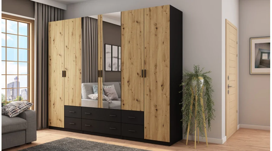 Szafa 240x220 cm czarny dąb artisan lustro – Torven | eMeblast