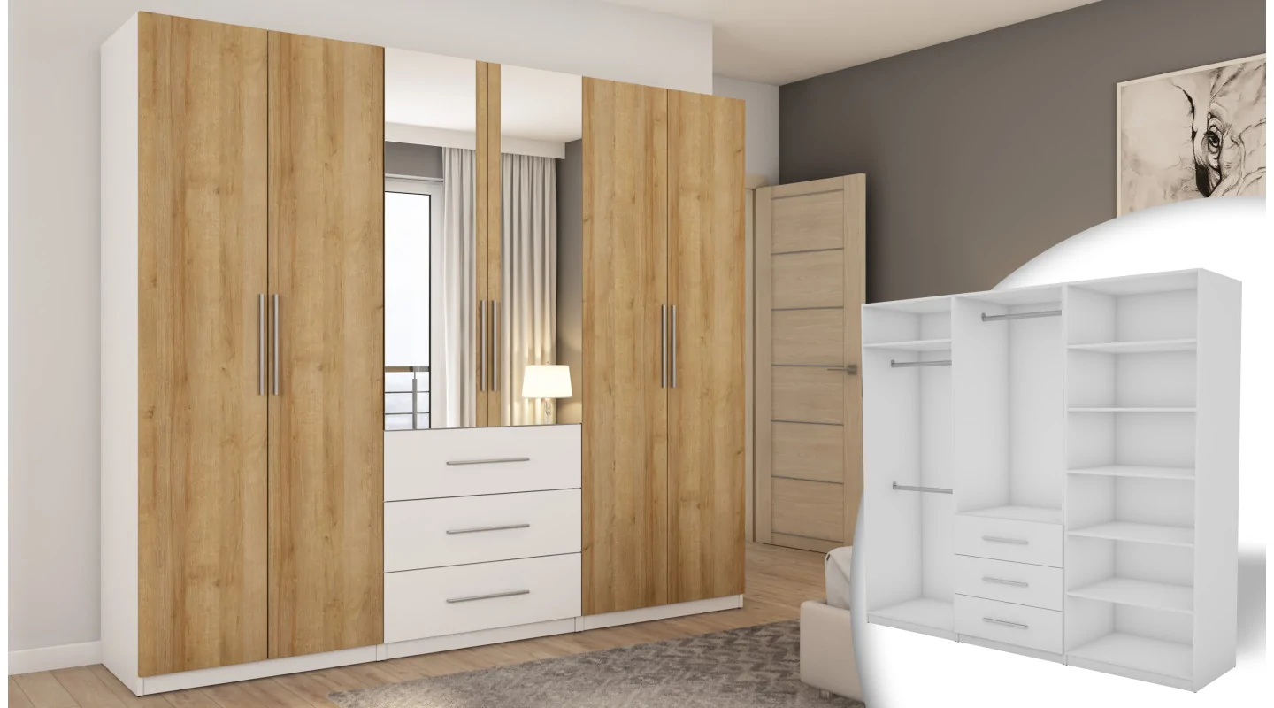 Szafa 250x220 cm biel dąb riva lustro – Zerion | eMeblast Szafa 250x220 cm biel dąb riva lustro – Zerion | eMeblast