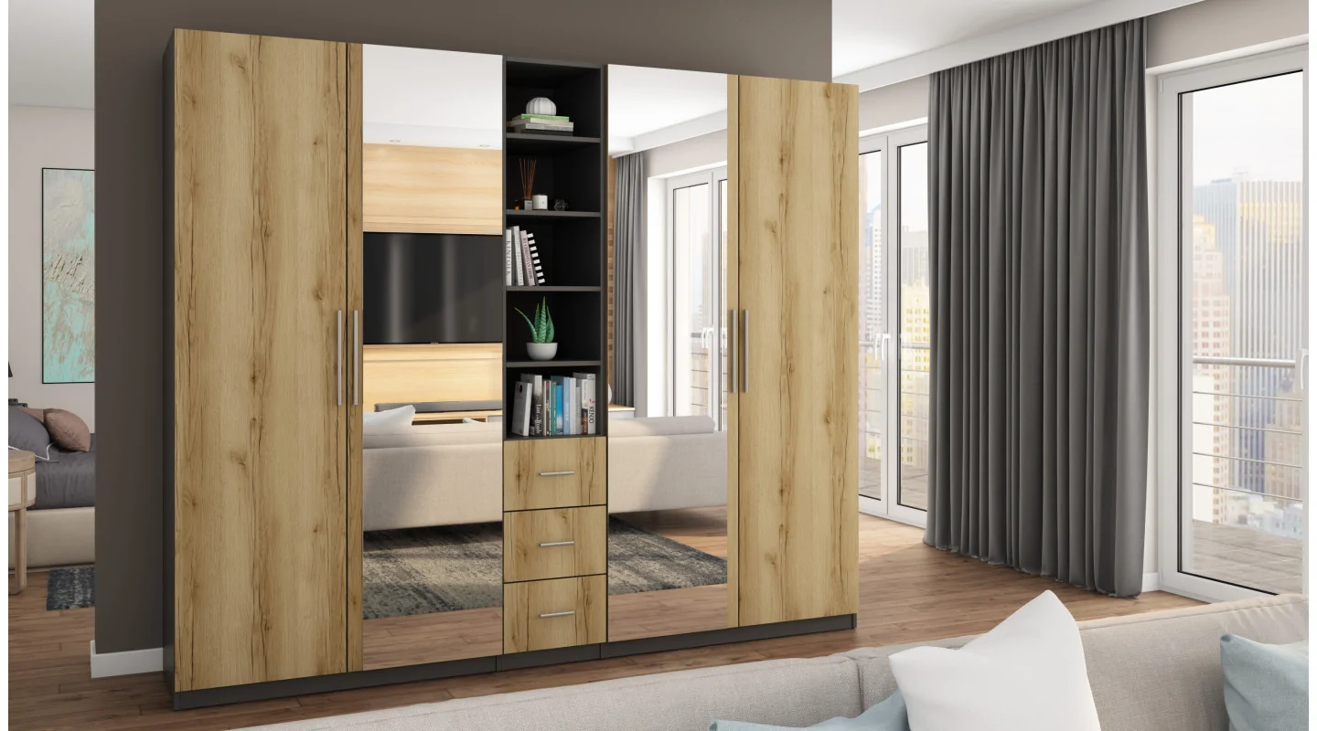 Szafa 260x220 cm grafit dąb grand naturalny lustro – Orvian | eMeblast