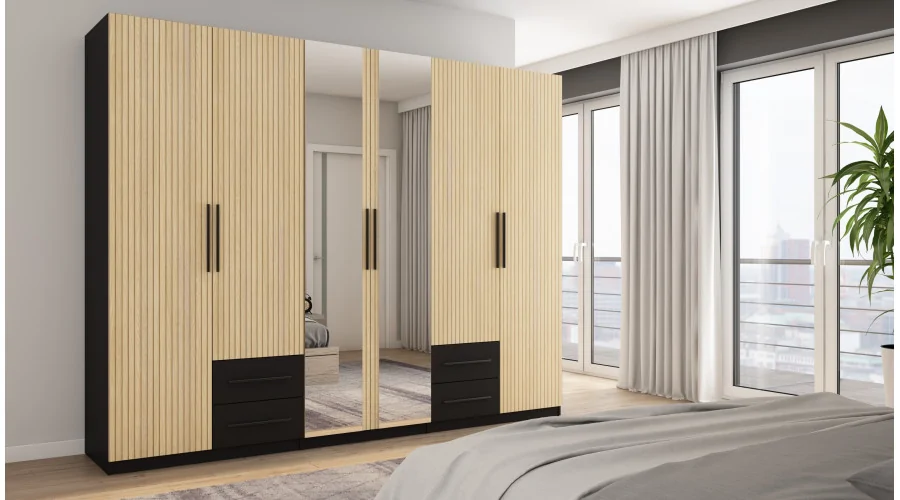 Szafa 280x220 cm czarny dąb gaja lamele lustro – Hedron | eMeblast