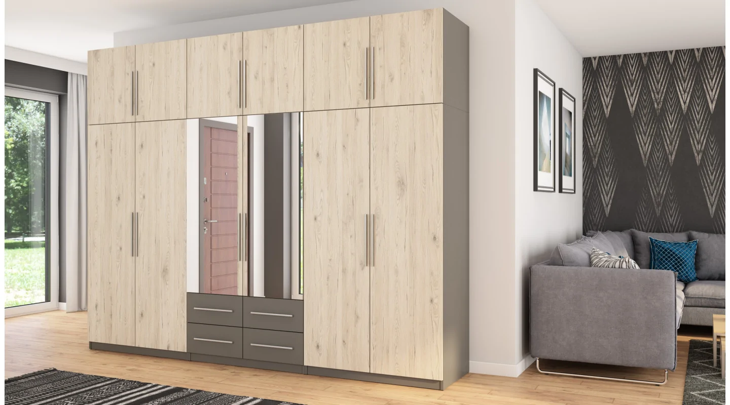 Szafa 300x240 cm grafit dąb bordeaux lustro – Alturo | eMeblast
