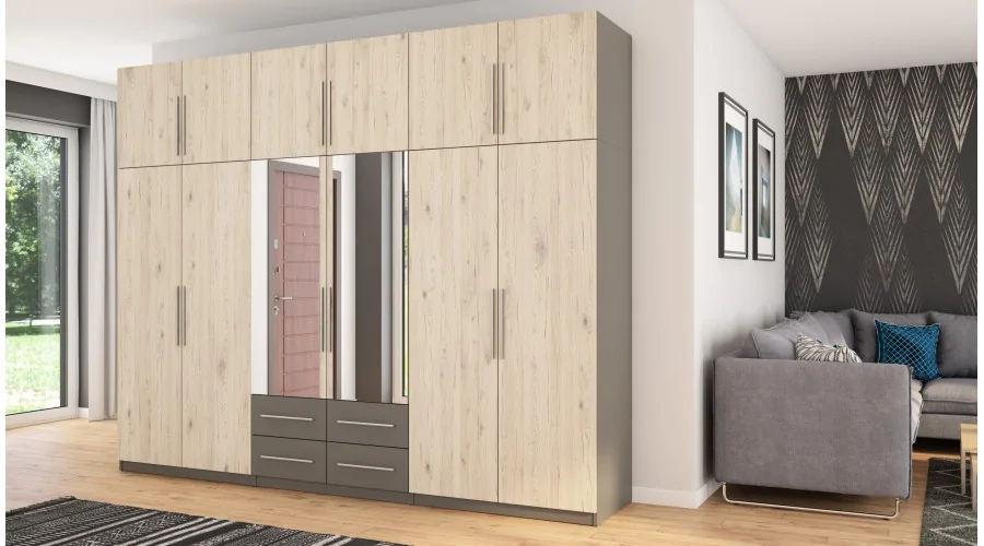Szafa 300x240 cm grafit dąb bordeaux lustro – Alturo | eMeblast