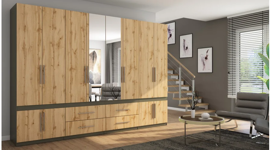 Szafa 320x230 cm grafit dąb wotan lustro – Accessa | eMeblast Szafa 320x230 cm grafit dąb wotan lustro – Accessa | eMeblast