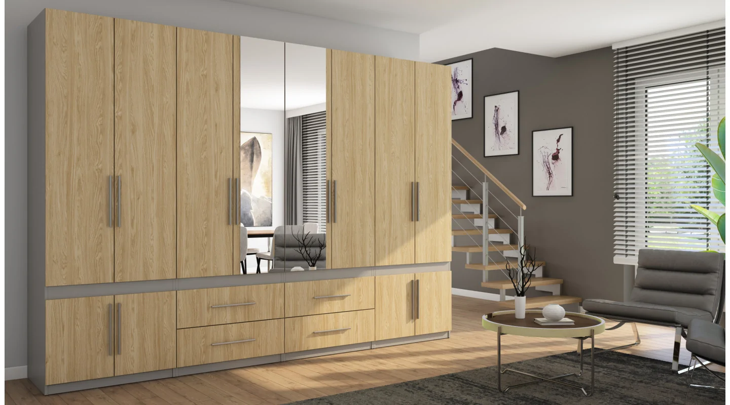 Szafa 320x230 cm szary platynowy dąb olejowany lustro – Accessa | eMeblast Szafa 320x230 cm szary platynowy dąb olejowany lustro – Accessa | eMeblast