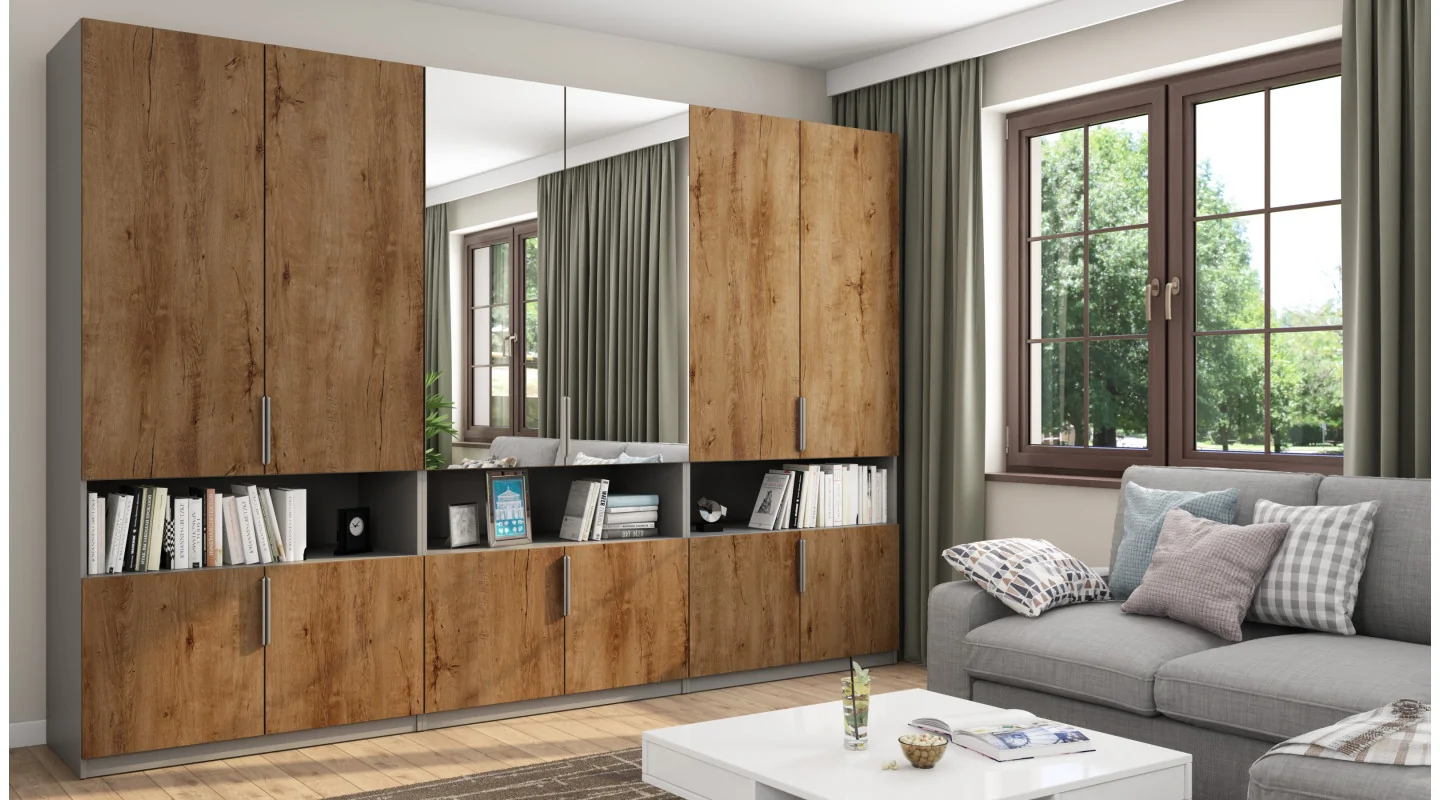 Szafa 330x230 cm szary platynowy dąb lefkas lustro – Expono | eMeblast