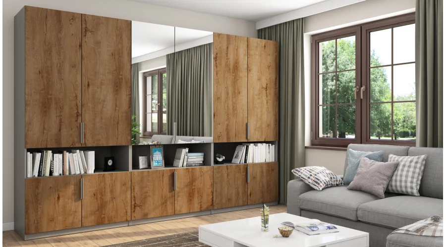 Szafa 330x230 cm szary platynowy dąb lefkas lustro – Expono | eMeblast
