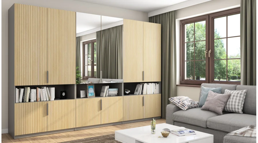 Szafa 330x230 cm szary platynowy dąb gaja lamele lustro – Expono | eMeblast