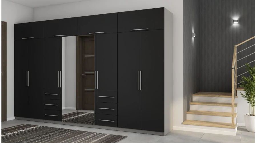 Szafa 360 cm z lustrem szary jasny / czarny - Sorelo | eMeblast