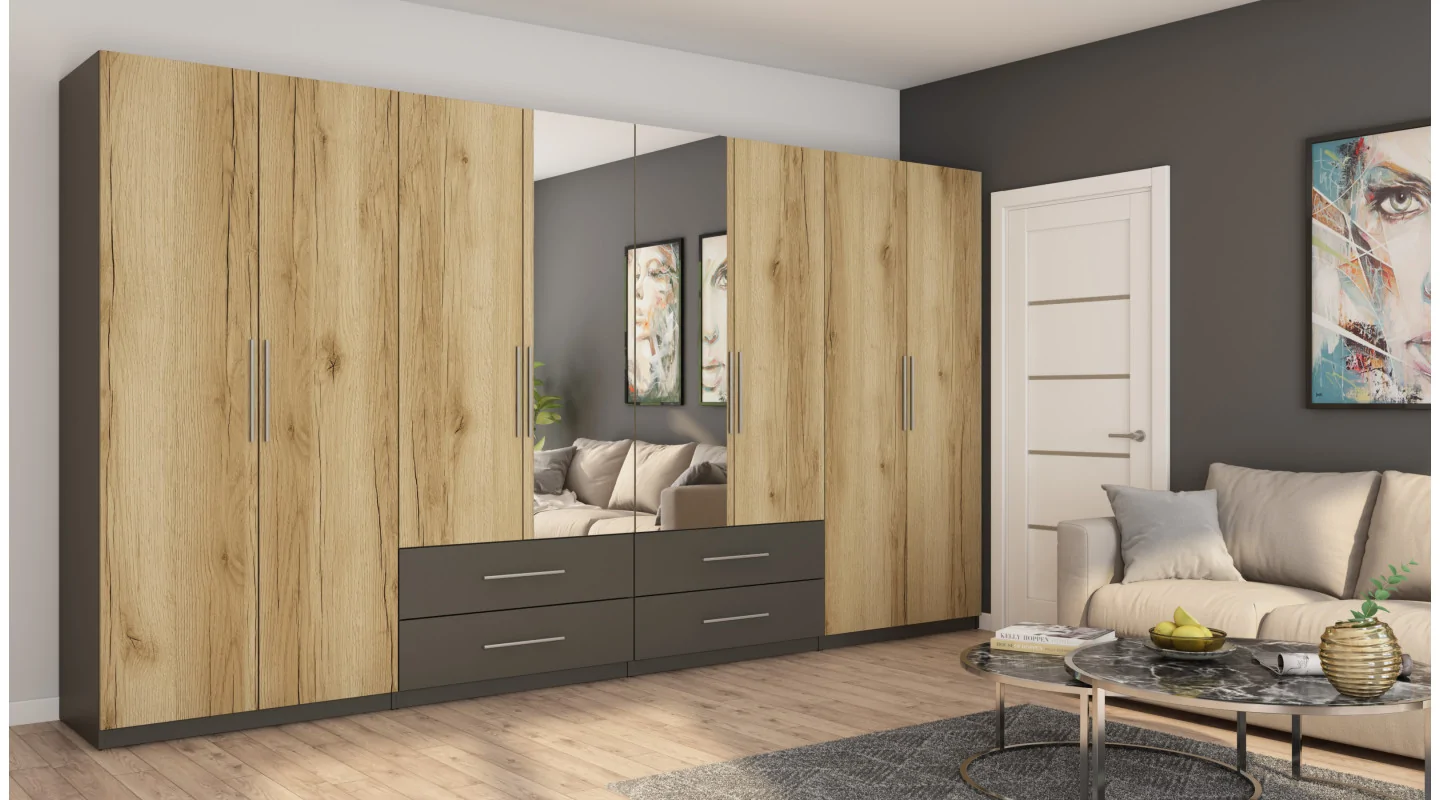 Szafa 400x220 cm grafit dąb grand naturalny lustro – Luvano | eMeblast Szafa 400x220 cm grafit dąb grand naturalny lustro – Luvano | eMeblast
