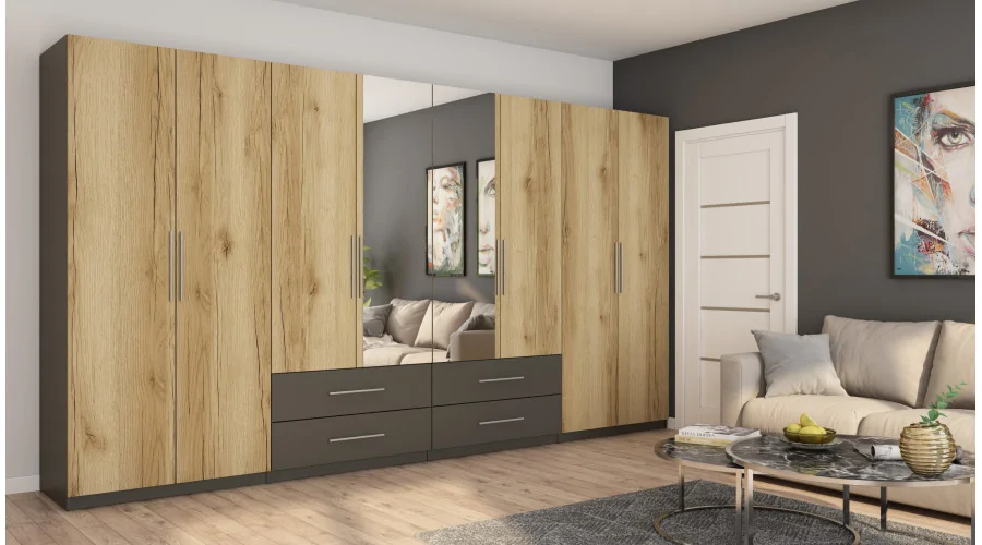 Szafa 400x220 cm grafit dąb grand naturalny lustro – Luvano | eMeblast Szafa 400x220 cm grafit dąb grand naturalny lustro – Luvano | eMeblast