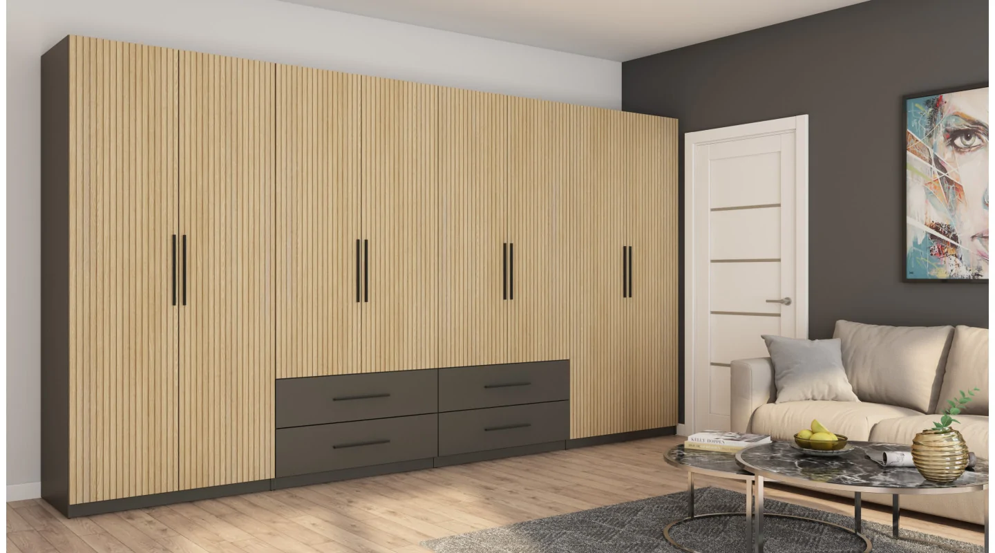 Szafa 400x220 cm szary grafit dąb gaja lamele – Luvano | eMeblast