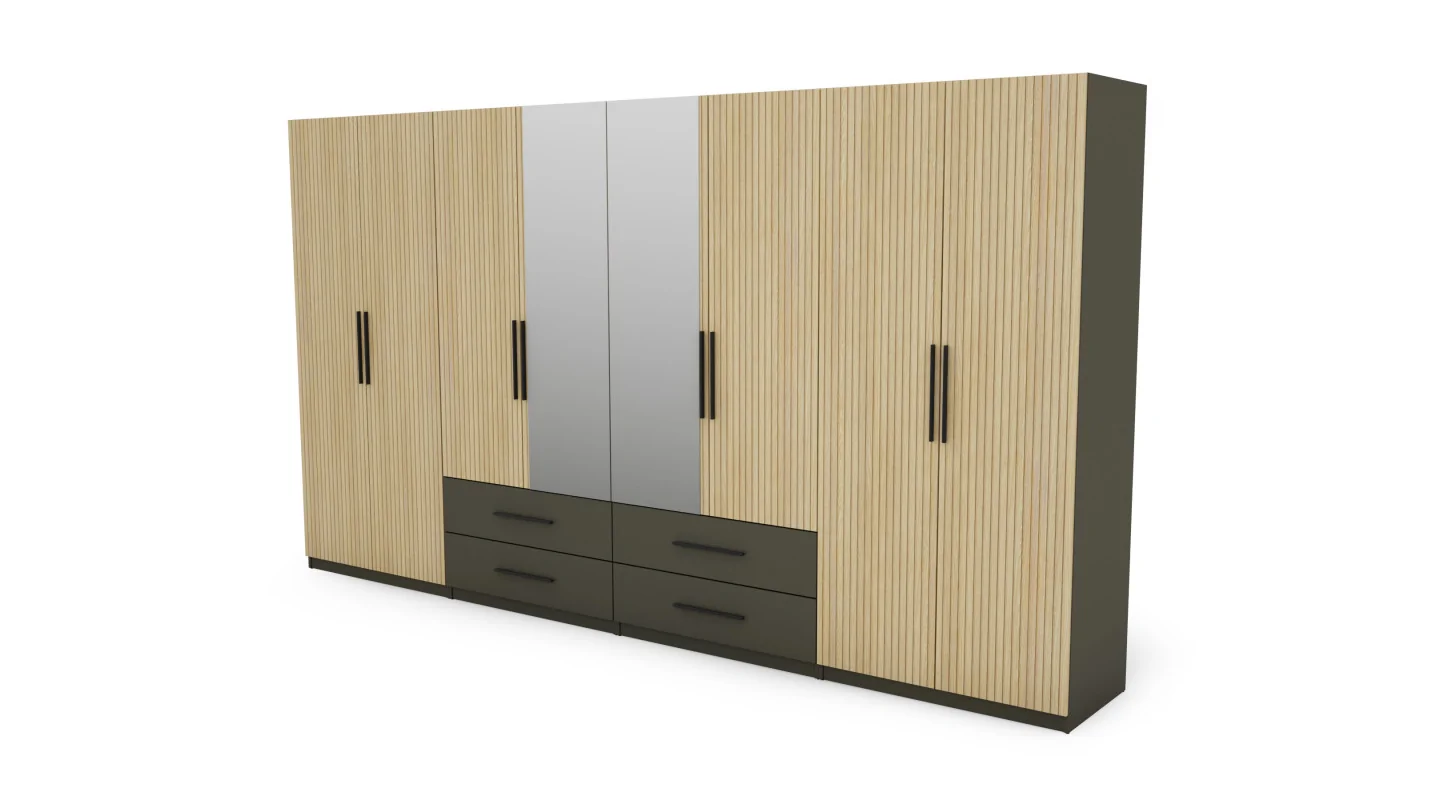 Szafa 400x220 cm szary grafit dąb gaja lamele lustro – Luvano | eMeblast