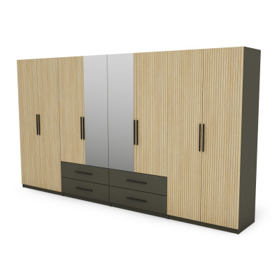 Szafa 400x220 cm z lustrem szary grafit dąb gaja lamele – Luvano