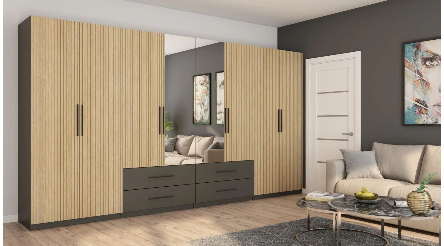 Szafa 400x220 cm szary grafit dąb gaja lamele lustro – Luvano | eMeblast