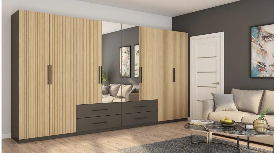 Szafa 400x220 cm szary grafit dąb gaja lamele lustro – Luvano | eMeblast