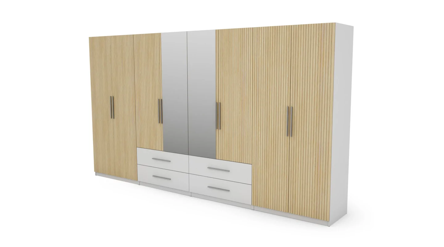 Szafa 400x220 cm biel dąb gaja lamele lustro – Luvano | eMeblast