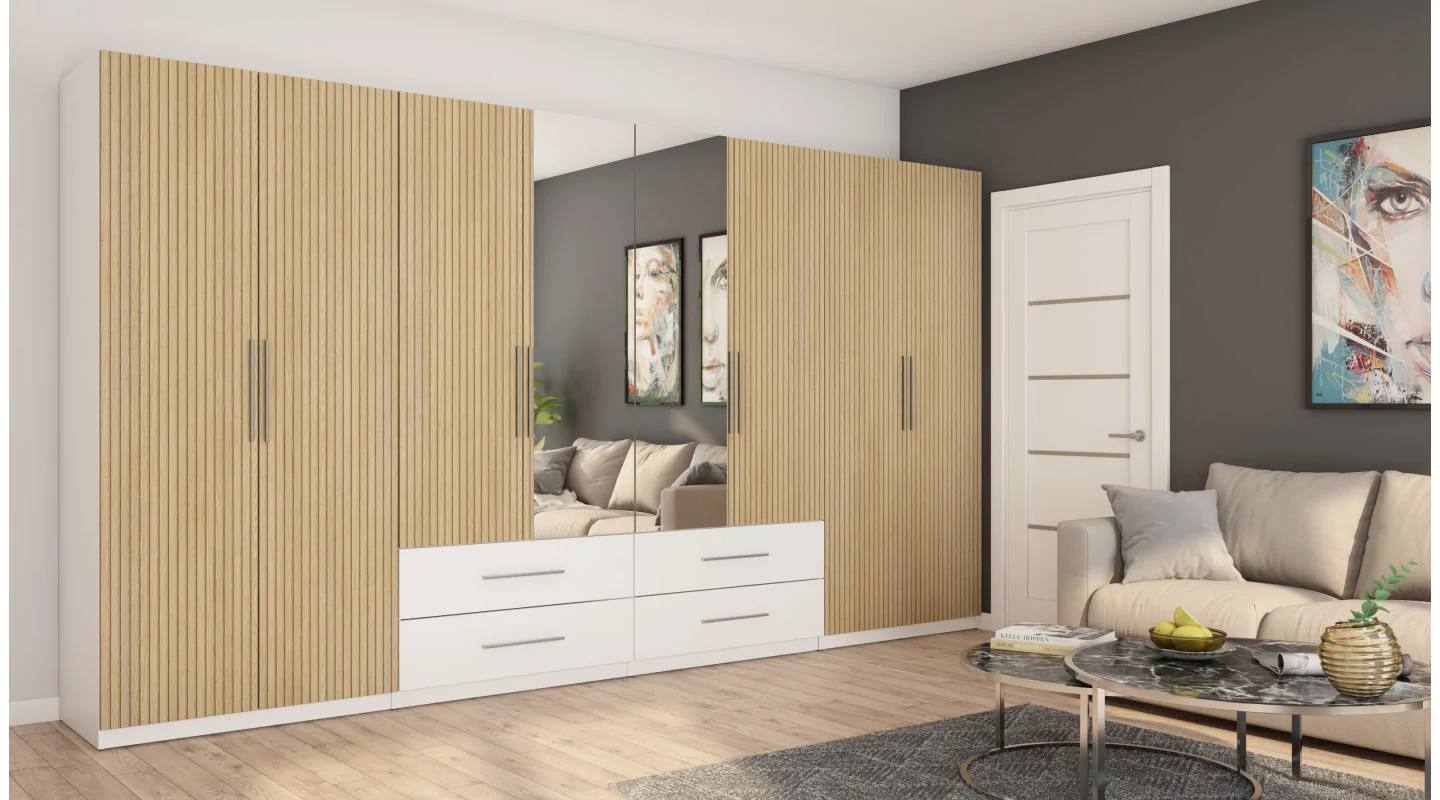Szafa 400x220 cm biel dąb gaja lamele lustro – Luvano | eMeblast