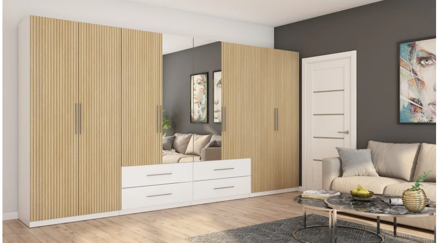Szafa 400x220 cm biel dąb gaja lamele lustro – Luvano | eMeblast