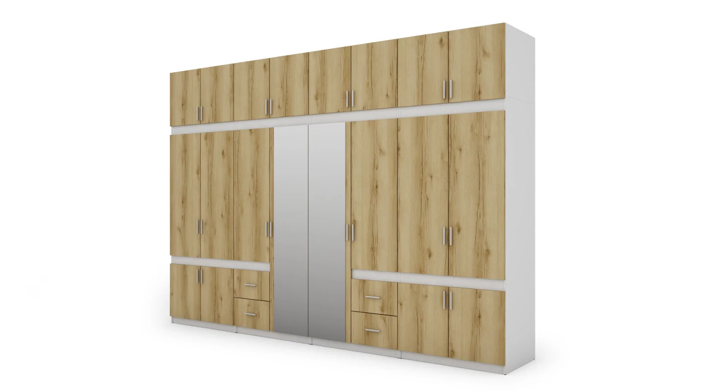 Szafa 340x240 cm biel dąb grand naturalny lustro – Maxora | eMeblast