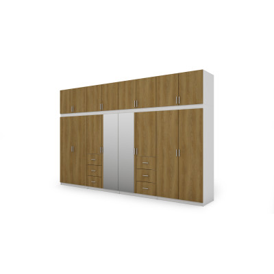 Szafa 380x240 cm z lustrem biel dąb karmel – Melvio