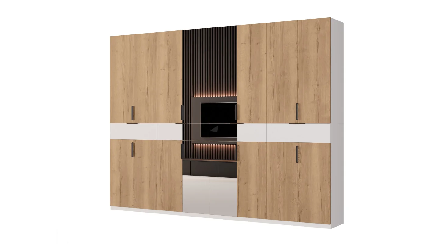 Duża nowoczesna szafa 360x240 cm biel dąb halifax lustro – Lenvio | eMeblast