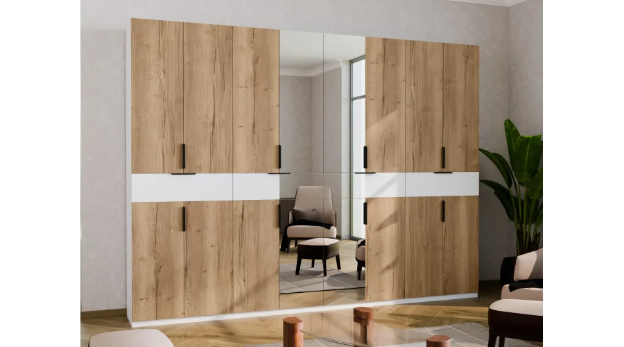 Duża nowoczesna szafa 360x240 cm biel dąb halifax lustro – Lenvio | eMeblast