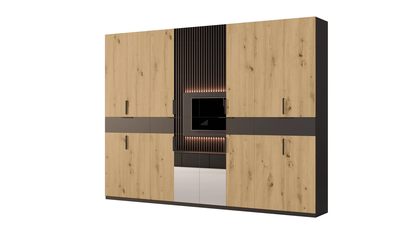 Duża nowoczesna szafa 360x240 cm czarny dąb hamilton lustro – Lenvio | eMeblast