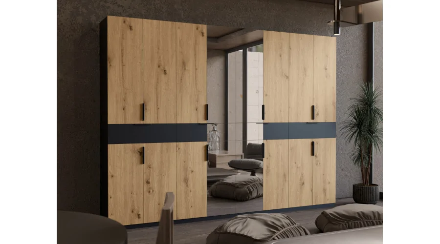 Duża nowoczesna szafa 360x240 cm czarny dąb hamilton lustro – Lenvio | eMeblast