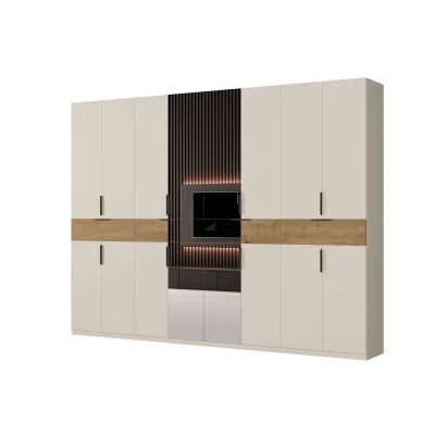 Duża nowoczesna szafa 360x240 cm kaszmirowy beż dąb carpenter whisky lustro – Lenvio | eMeblast
