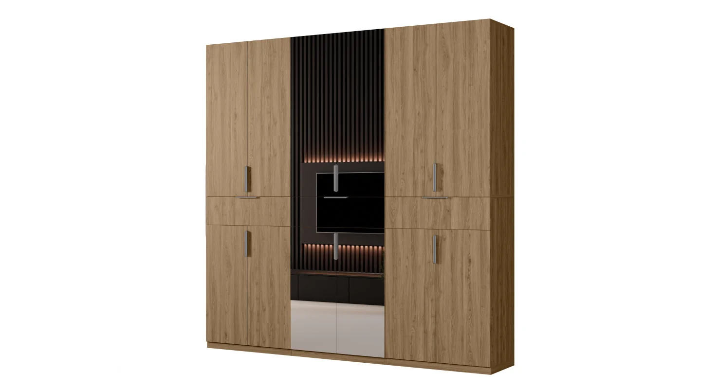 Nowoczesna szafa 270x240 cm dąb carpenter whisky lustro – Arvion | eMeblast Nowoczesna szafa 270x240 cm dąb carpenter whisky lustro – Arvion | eMeblast