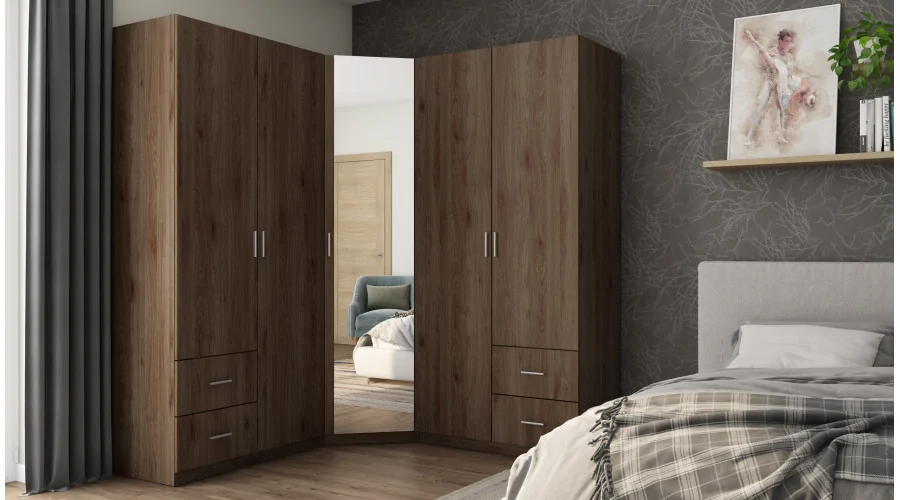 Szafa narożna 189x214 cm orzech okapi lustro – Cornero | eMeblast Szafa narożna 189x214 cm orzech okapi lustro – Cornero | eMeblast