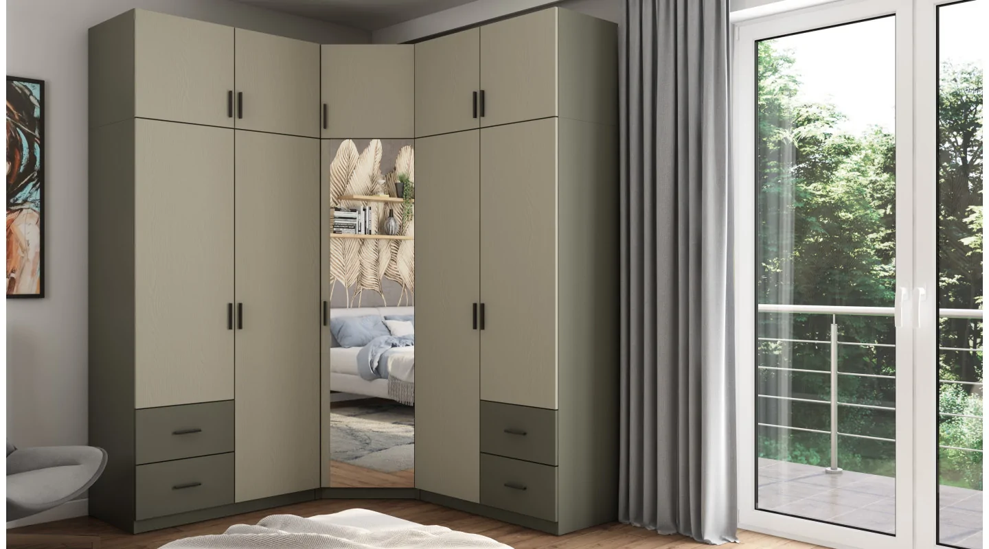 Szafa narożna 189x240 cm szary grafit eukaliptus lustro – Corvado | eMeblast