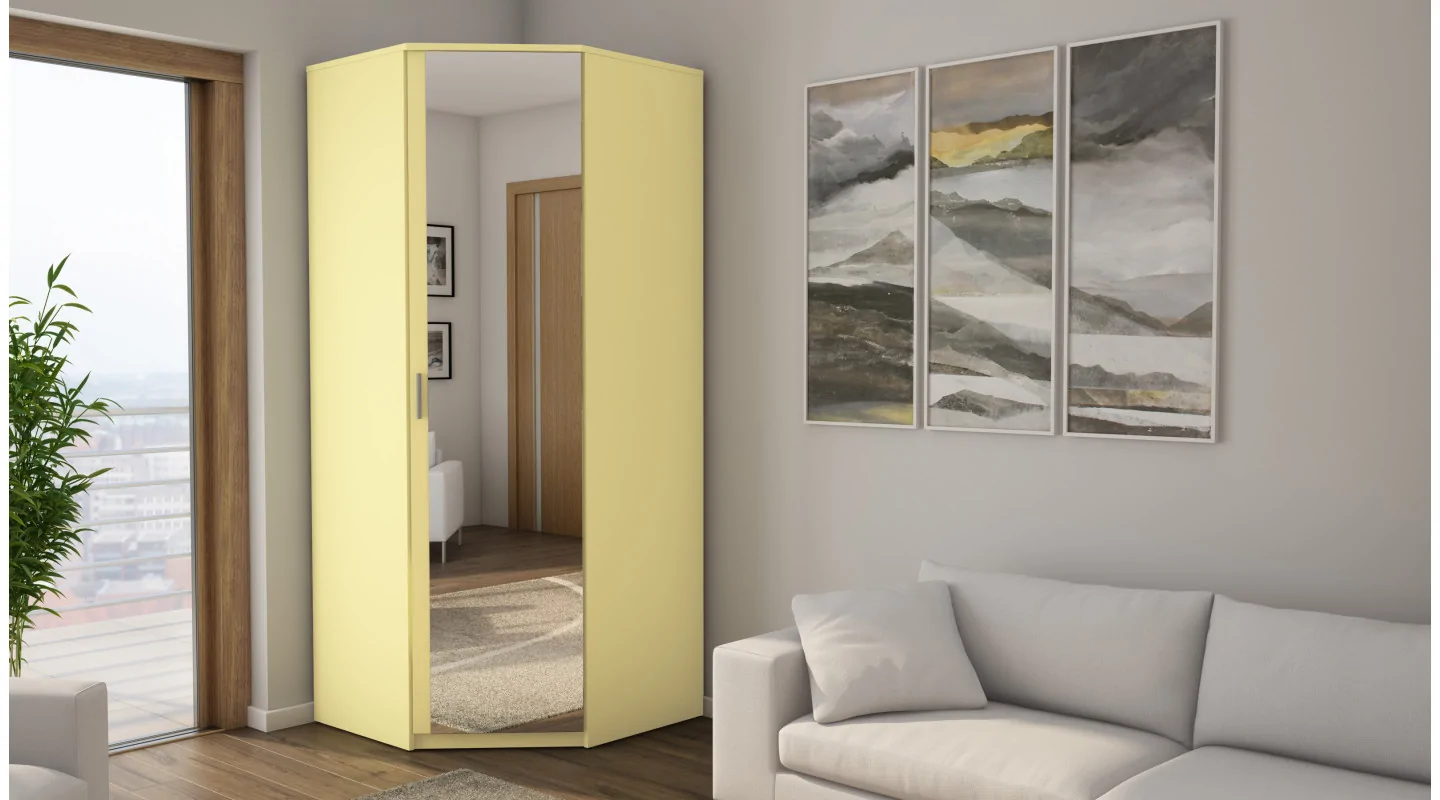 Szafa narożna 85x85 cm lustro wanilia drążek półki | eMeblast