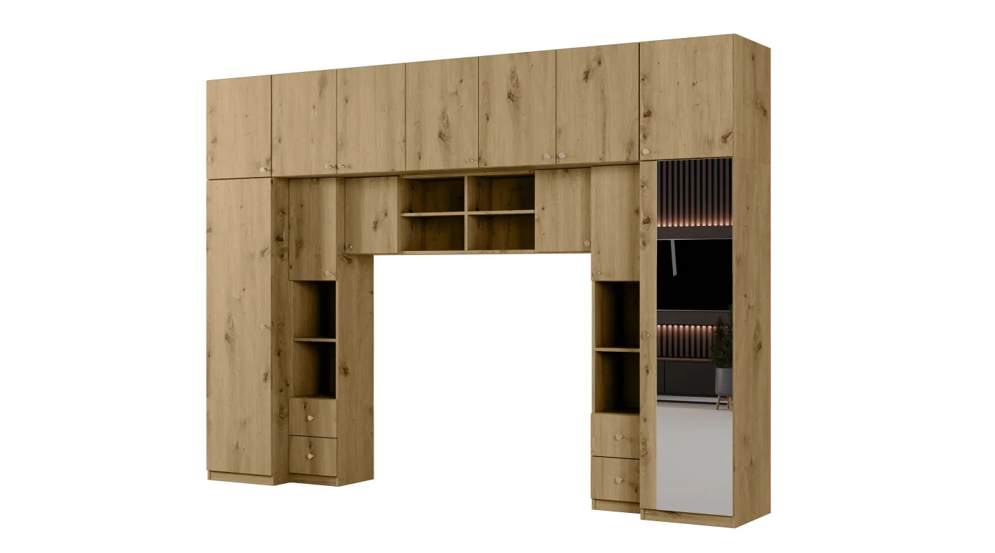 Zabudowa sypialni 394x225 cm lustro dąb Artisan – Sena | eMeblast